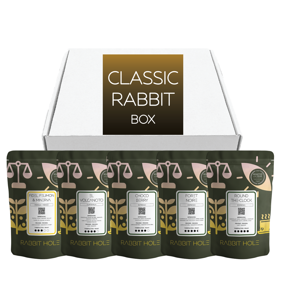 Rabbit Hole Roasters Classic Rabbit Box with five labeled coffee packages on a white background