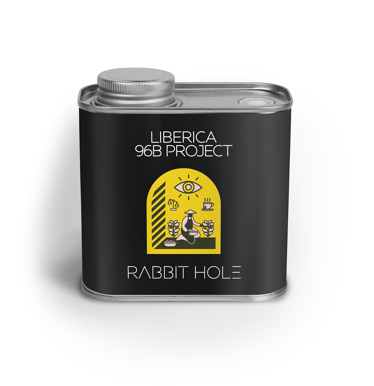 Black metal canister with 'Liberica 96B Project Rabbit Hole' label on a white background. Limited Edition and collectible tin cans of rare and exclusive coffees. Made for the curious.