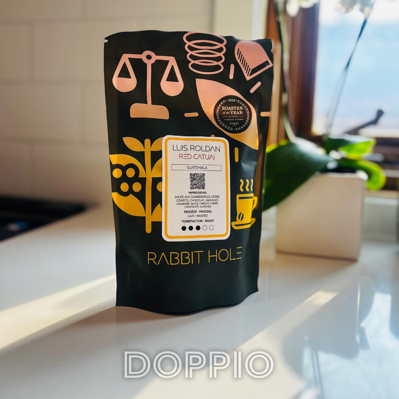 A stand-up pouch of Rabbit Hole coffee beans on a a home kitchen counter, with a tiled wall, window light, and white orchid flowers in the background. Taken from Doppio Montreal, a specialty coffee subscription based in Canada partnering closely with Rabbit Hole. Indigenous owned.