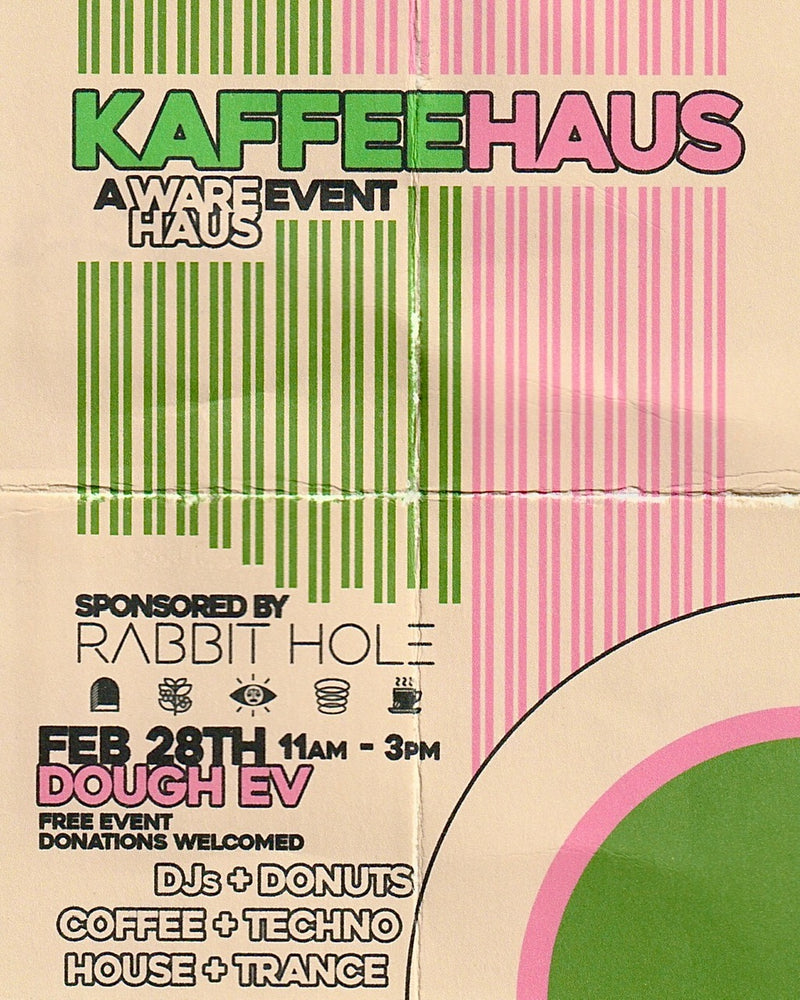 Promotional poster for Kaffee Haus event in London, Ontario, with green and pink design elements. Community event hosted by Dough EV and sponsored by Rabbit Hole Roasters. This event took place in February 28, 2026.