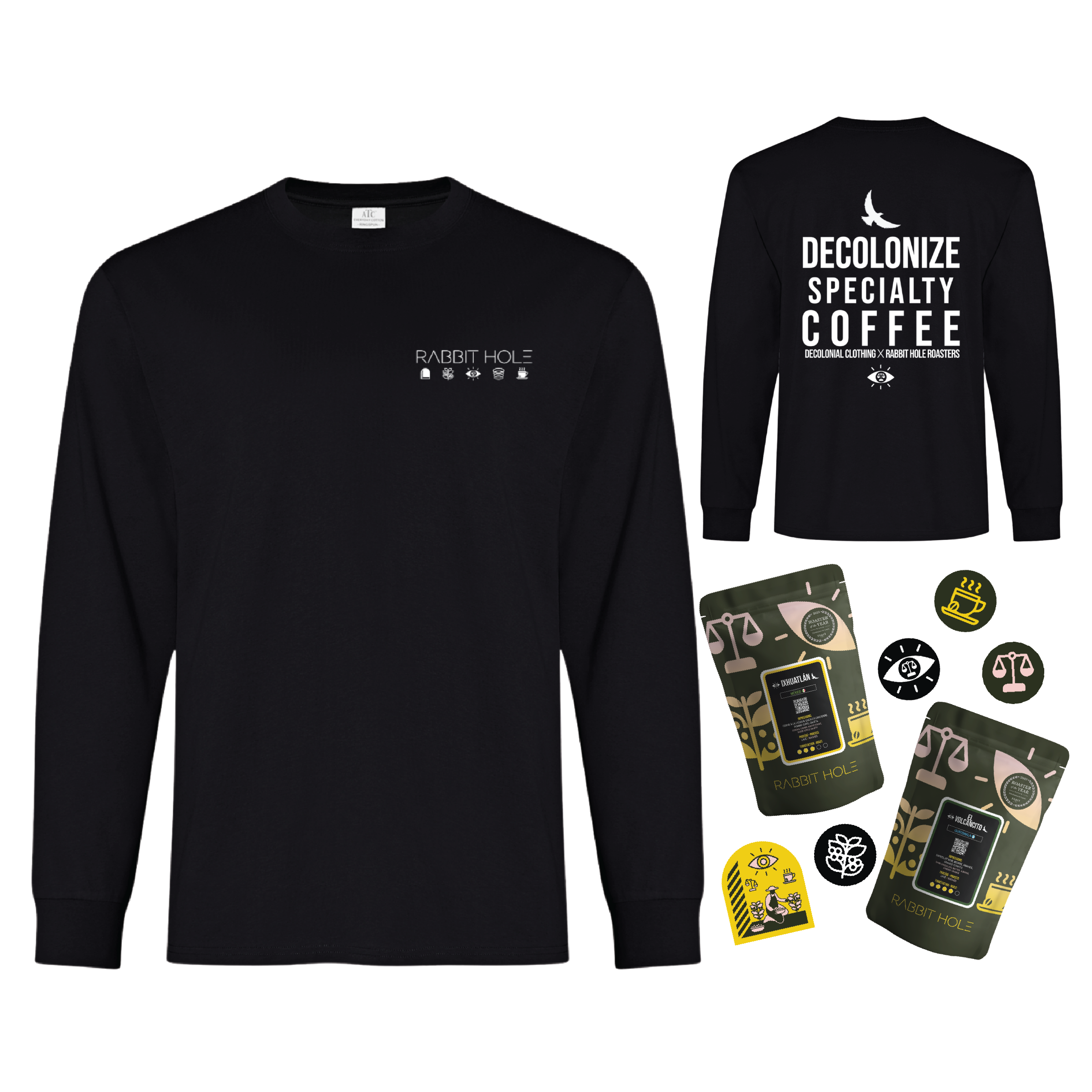 Black long-sleeve shirt with text and coffee packaging on a white background